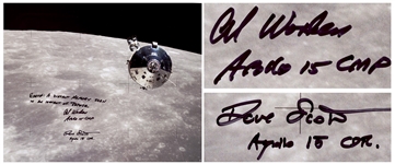Al Worden & Dave Scott Signed 20 x 16 Photo of the Apollo 15 Command Module Against the Moon -- Worden Additionally Writes Earth: A distant memory seen in an instant of repose