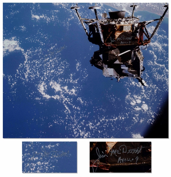 James McDivitt Twice-Signed 20 x 16 Photo of the Apollo 9 Lunar Module in the Earths Orbit
