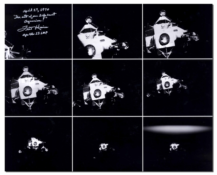 Fred Haise Signed 20 x 16 Photo of Apollo 13s "Lifeboat", the Lunar Module After It Was Jettisoned Just Before Reentry -- Haise Writes "The end of our lifeboat Aquarius!"
