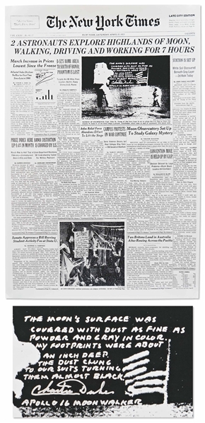 Charlie Duke Signed "New York Times" Poster From 22 April 1972, Reporting on the Apollo 16 Mission -- Duke Also Reflects on the Mission, Writing: "My footprints were about an inch deep"