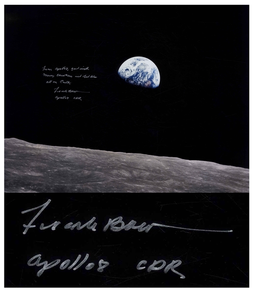 Frank Borman Signed 20'' x 16'' ''Earthrise'' Photo -- ''...Good night, Merry Christmas and God Bless all on Earth...''