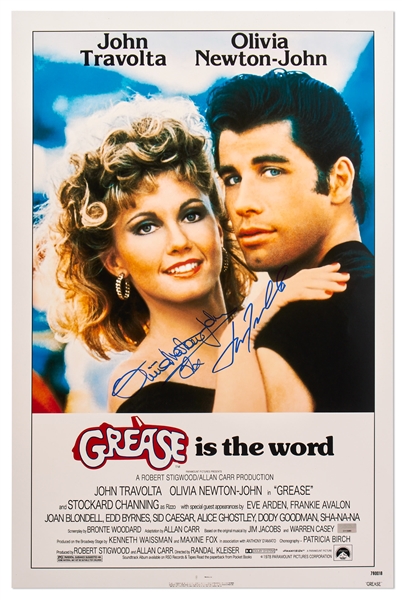 John Travolta and Olivia Newton-John Signed 16'' x 24'' Photo of the ''Grease'' Movie Poster