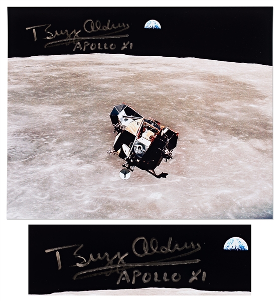 Buzz Aldrin Signed 10'' x 8'' Photo of the Apollo 11 Lunar Module Departing the Moon