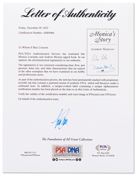 Monica Lewinsky Signed First Edition of Her Biography, ''Monica's Story'' -- Also Signed by Author Andrew Morton -- With PSA/DNA COA