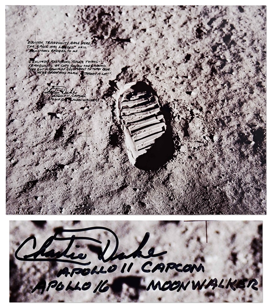 Charlie Duke Signed 20'' x 16'' Photo of the Famous Apollo 11 ''Footprint'' -- Duke Served as Apollo 11 CAPCOM and Describes the Moment When the Eagle Touched Down on the Moon