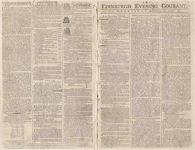 Revolutionary War Newspaper from November 1777 Describing the ''Political Character of the Americans''