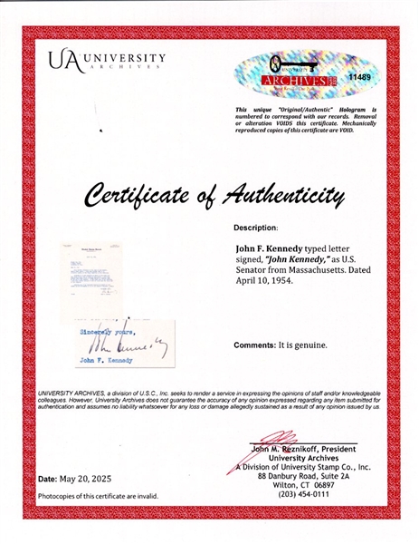 John F. Kennedy Letter Signed as U.S. Senator -- With University Archives COA