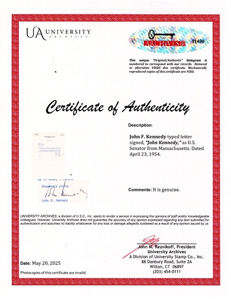 John F. Kennedy Letter Signed as U.S. Senator -- With University Archives COA