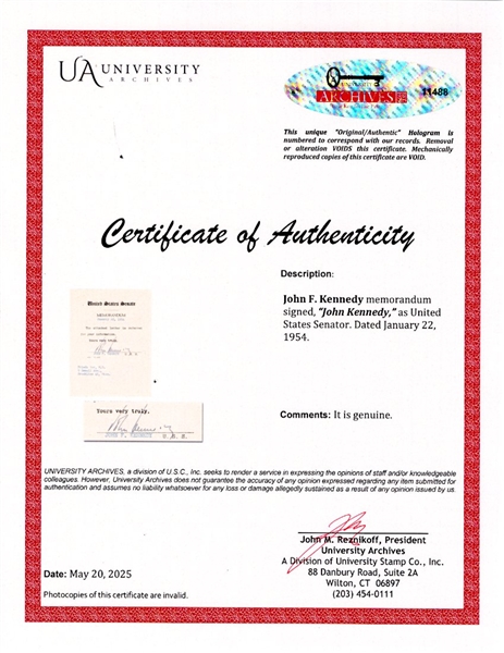 John F. Kennedy Note Signed as U.S. Senator -- With University Archives COA