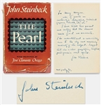 John Steinbeck Signed Presentation Copy of The Pearl -- ...delightful, brilliant, gorgeous, talented...I have tested this product and certify that the claims made for it are accurate...