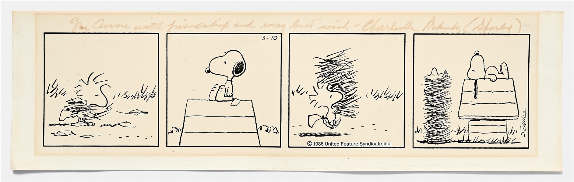 Original Charles Schulz Hand-Drawn Peanuts Comic Strip -- Woodstock Builds a Tall Nest to Sleep Next to Snoopy