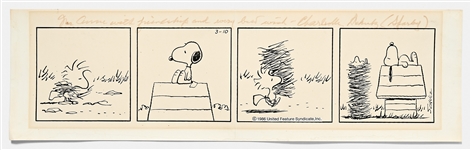 Original Charles Schulz Hand-Drawn Peanuts Comic Strip -- Woodstock Builds a Tall Nest to Sleep Next to Snoopy