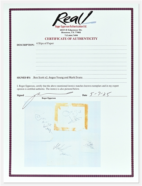 AC/DC Signatures -- Includes 2 by Bon Scott, Plus Angus Young & Mark Evans, All Acquired in January 1977 -- With Roger Epperson COA