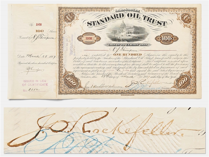 John D. Rockefeller Signed Stock Certificate for Standard Oil Trust -- Signed by Rockefeller as President in 1887