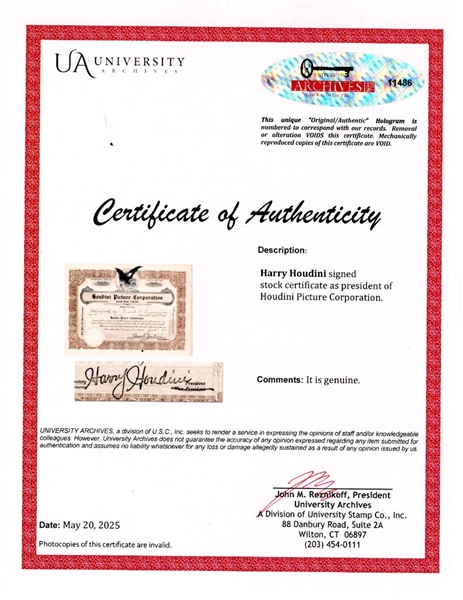 Harry Houdini Signed Stock Certificate to the Houdini Picture Corporation with Extremely Bold Signature -- With University Archives COA