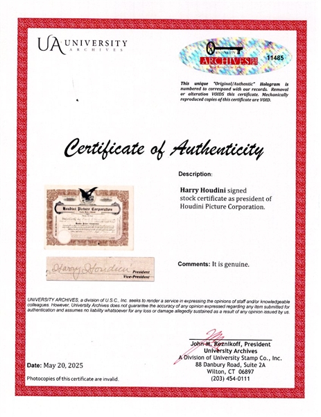 Harry Houdini Signed Stock Certificate to the Houdini Picture Corporation -- With University Archives COA