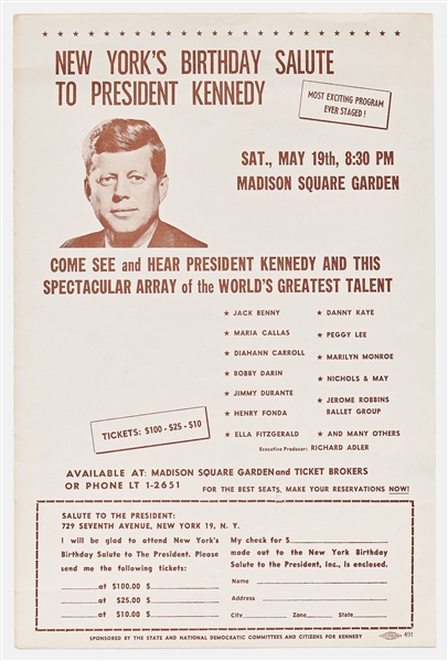 Very Rare Happy Birthday, Mr. President Poster for John F. Kennedy's 1962 Birthday Party at Madison Square Garden with Marilyn Monroe -- Plus Original Program, Handbill & PSA Encapsulated Ticket