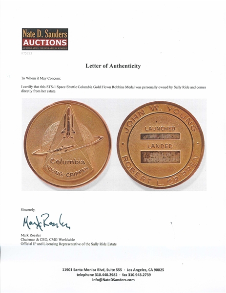 Sally Ride's Personally Owned STS-1 Space Shuttle Columbia Gold Flown Robbins Medal