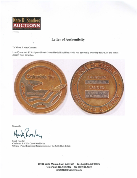 Sally Ride's Personally Owned STS-2 Space Shuttle Columbia Gold Robbins Medal