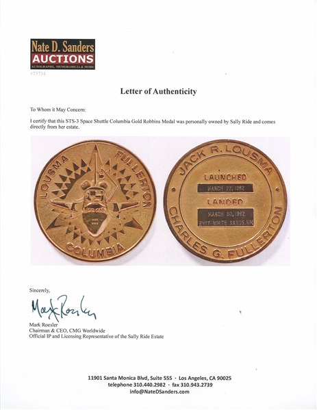 Sally Ride's Personally Owned STS-3 Space Shuttle Columbia Gold Robbins Medal