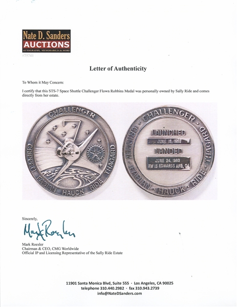 Sally Ride's Personally Owned STS-7 Space Shuttle Challenger Flown Robbins Medal -- Ride Made History as the First Female Astronaut on This Mission