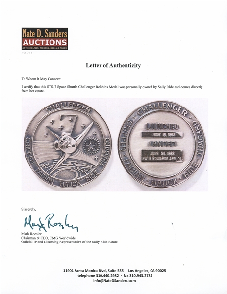 Sally Ride's Personally Owned STS-7 Space Shuttle Challenger Robbins Medal -- Ride Made History as the First Female Astronaut on This Mission