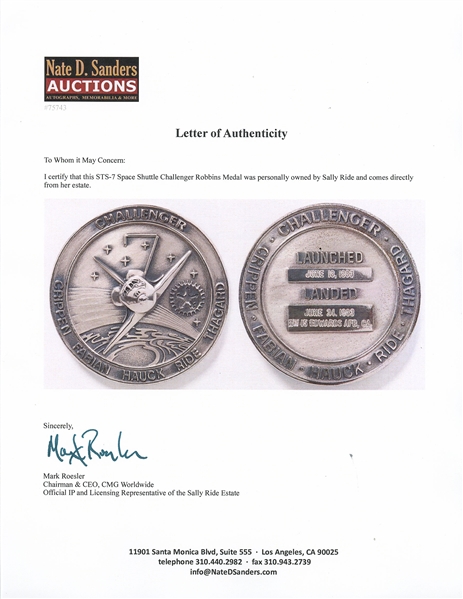 Sally Ride's Personally Owned STS-7 Space Shuttle Challenger Robbins Medal -- Ride Made History as the First Female Astronaut on This Mission