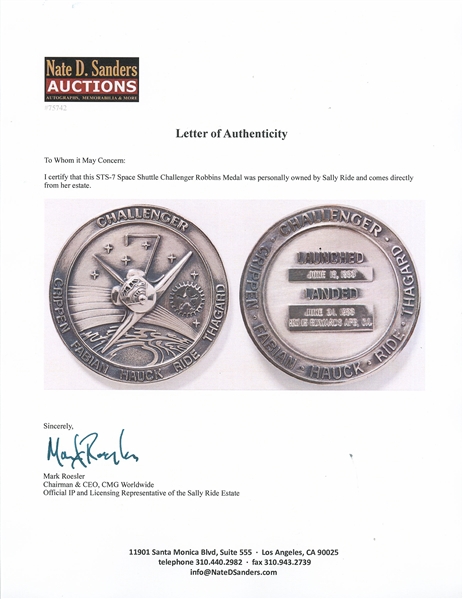 Sally Ride's Personally Owned STS-7 Space Shuttle Challenger Robbins Medal -- Ride Made History as the First Female Astronaut on This Mission