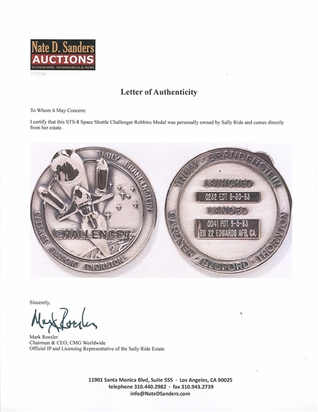 Sally Ride's Personally Owned STS-8 Space Shuttle Challenger Robbins Medal