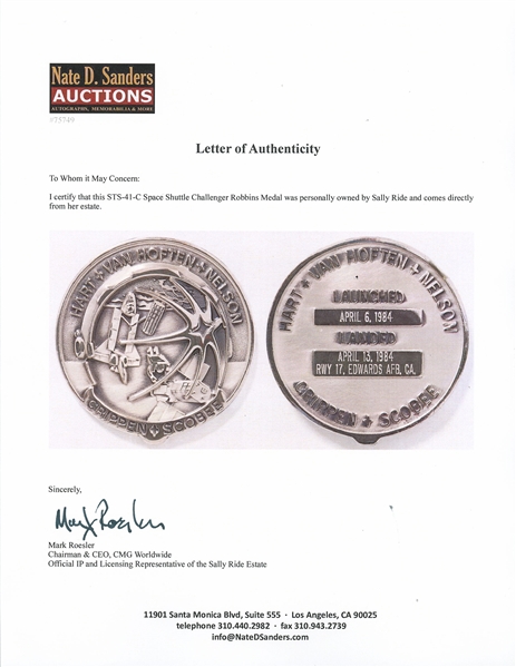 Sally Ride's Personally Owned STS-41-C Space Shuttle Challenger Robbins Medal
