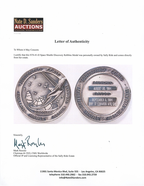 Sally Ride's Personally Owned STS-41-D Space Shuttle Discovery Robbins Medal