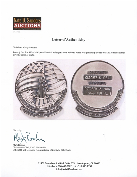 Sally Ride's Personally Owned STS-41-G Space Shuttle Challenger Flown Robbins Medal -- Ride Served as Mission Specialist and Flight Engineer on STS-41-G