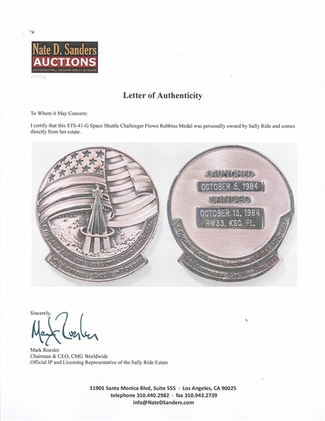 Sally Ride's Personally Owned STS-41-G Space Shuttle Challenger Flown Robbins Medal -- Ride Served as Mission Specialist and Flight Engineer on STS-41-G