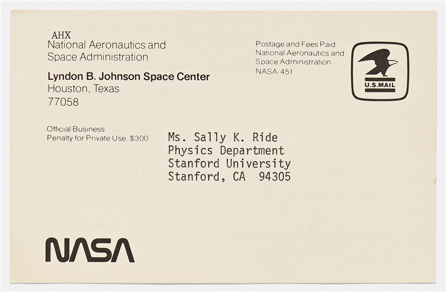 NASA Postcard to Sally Ride from 1977 Confirming the Receipt of Her Application to the Astronaut Candidate Program