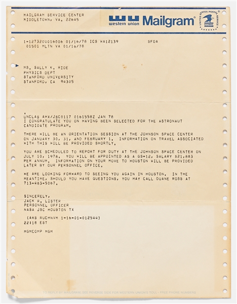 Sally Ride's Personally Owned NASA Acceptance Letter as One of the Group 8 Astronauts