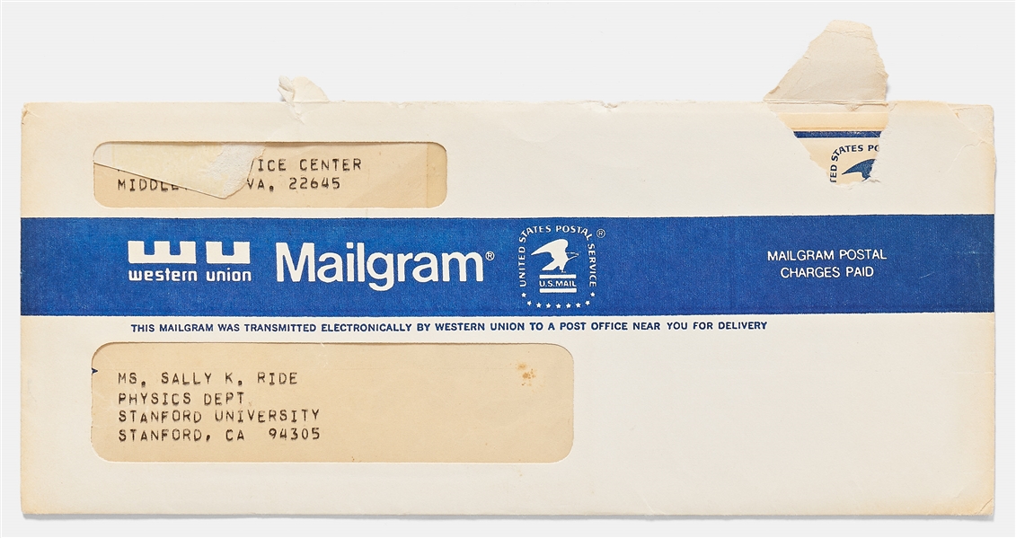 Sally Ride's Personally Owned NASA Acceptance Letter as One of the Group 8 Astronauts