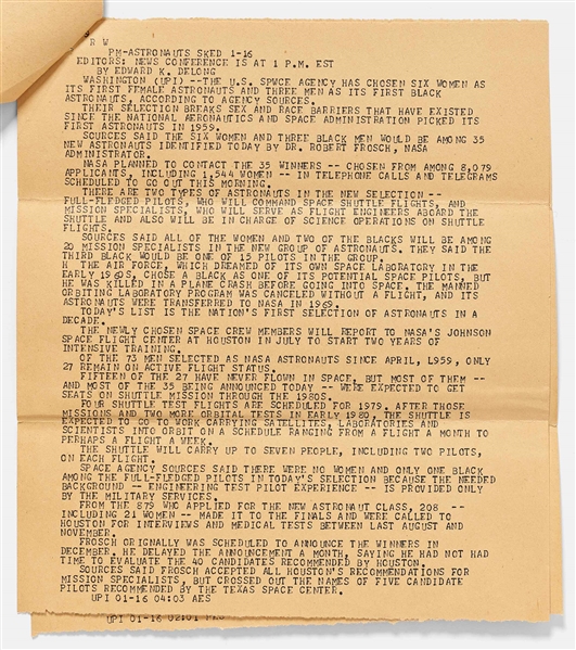 Sally Ride's Personally Owned News Feed Announcing Her Selection in NASA Astronaut Group 8