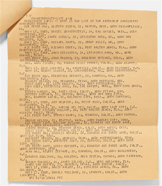 Sally Ride's Personally Owned News Feed Announcing Her Selection in NASA Astronaut Group 8