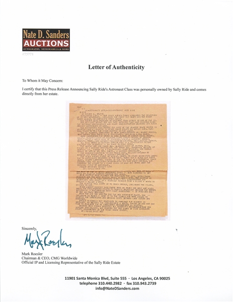 Sally Ride's Personally Owned News Feed Announcing Her Selection in NASA Astronaut Group 8