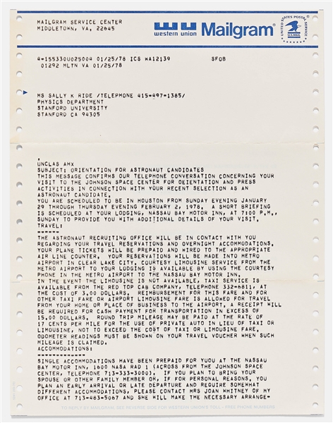 Sally Ride's Personally Owned NASA Letter from January 1978 Regarding Orientation for Astronaut Group 8