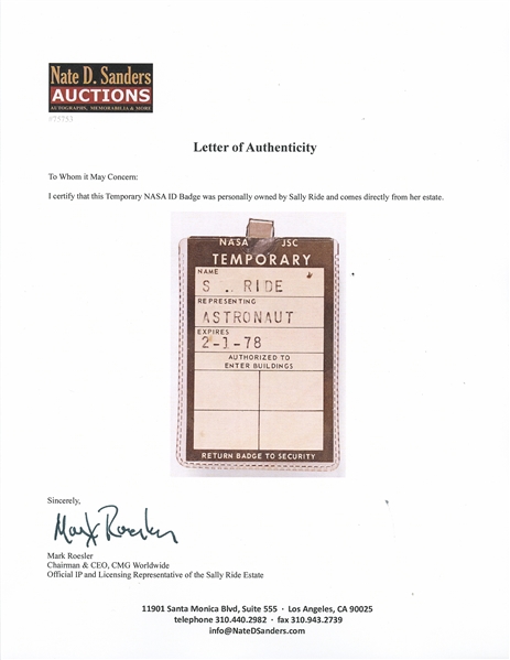 Sally Ride's Personally Owned NASA ID Badge -- Her Very First, Temporary Badge