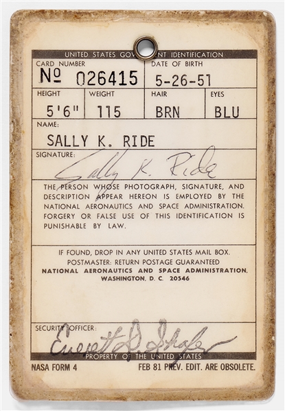 Sally Ride's Personally Owned and Signed NASA ID Badge