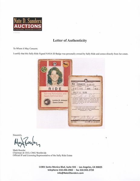 Sally Ride's Personally Owned and Signed NASA ID Badge