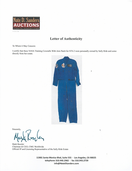 Sally Ride's Personally Owned Pair of NASA Training Coveralls -- With Arm Patch for STS-2, the Mission Where Ride Served as the CAPCOM