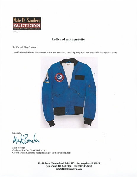 Sally Ride's Personally Owned NASA ''Chase Team'' Jacket
