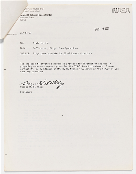 Sally Ride's Personally Owned Documents for the Launch Countdown of STS-7