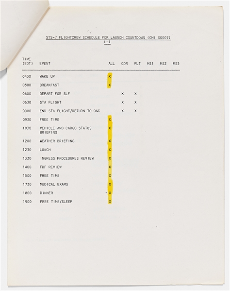 Sally Ride's Personally Owned Documents for the Launch Countdown of STS-7