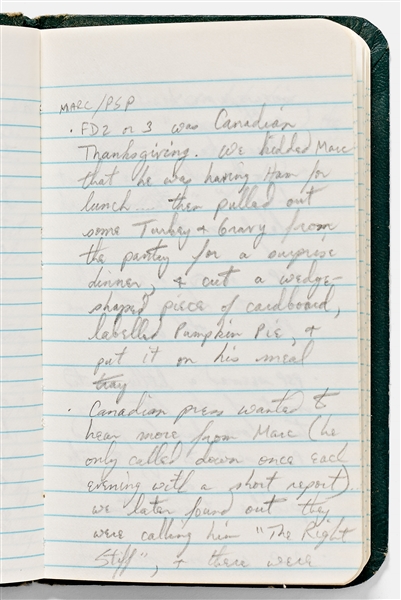 Sally Ride's Personal Diaries for STS-41-G, Describing Every Aspect of the Mission from Pre-Flight to Debrief -- ''...strange sensation when you 1st close your eyes: feel like you're still moving...''