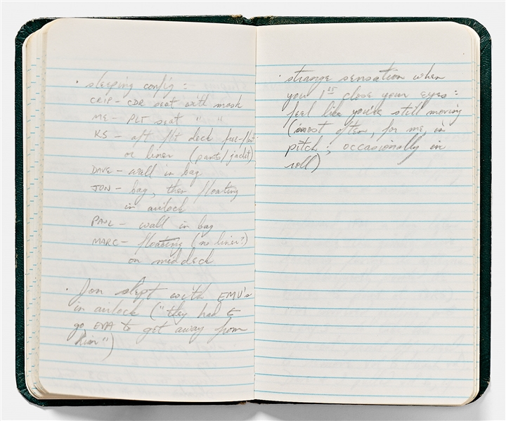 Sally Ride's Personal Diaries for STS-41-G, Describing Every Aspect of the Mission from Pre-Flight to Debrief -- ''...strange sensation when you 1st close your eyes: feel like you're still moving...''