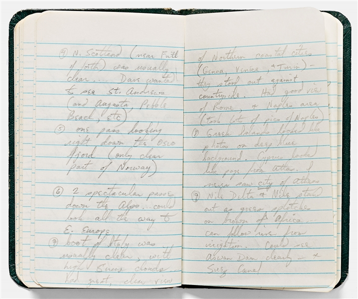 Sally Ride's Personal Diaries for STS-41-G, Describing Every Aspect of the Mission from Pre-Flight to Debrief -- ''...strange sensation when you 1st close your eyes: feel like you're still moving...''